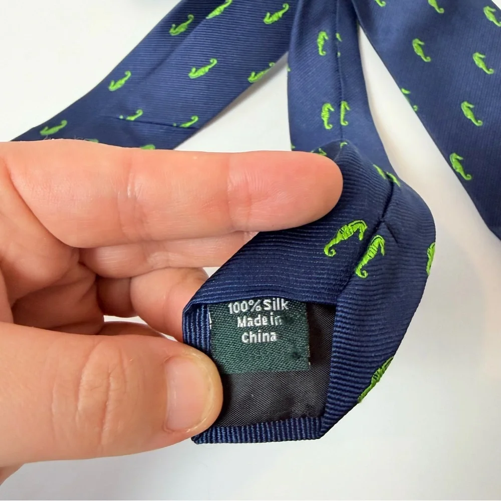 J. Crew Navy and Green Seahorse The Silk Tie‎ 100% Silk Tie